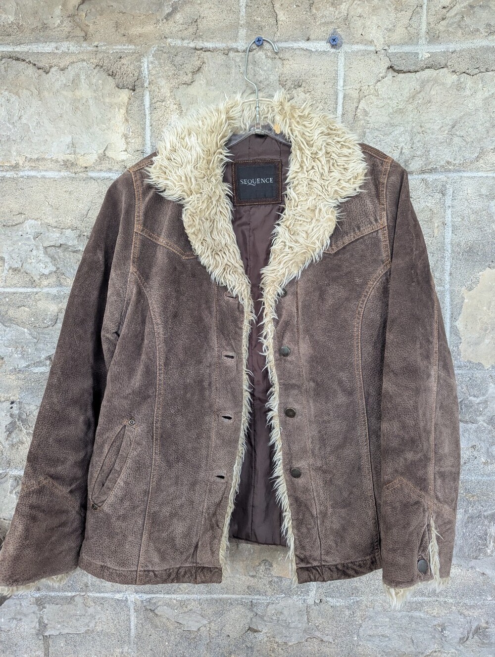 Genuine Leather Brown Jacket with Cream Faux Shearling Collar Y2K Indie Grunge